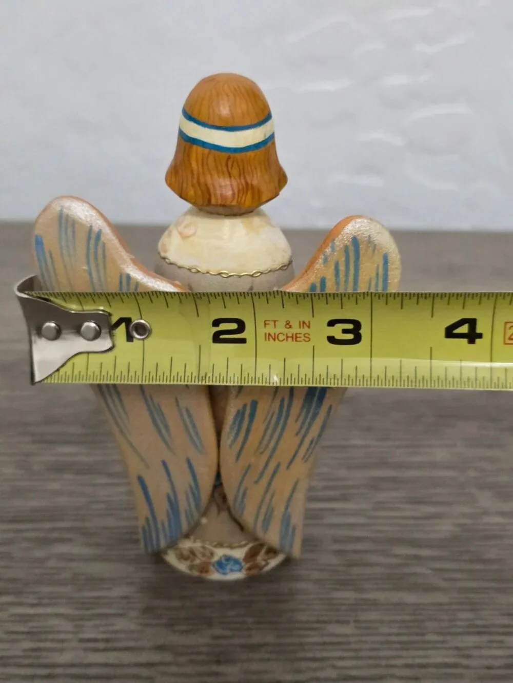Russian Hand Painted Wooden Angel Blue and Gold Floral Folk Art Signed 5
